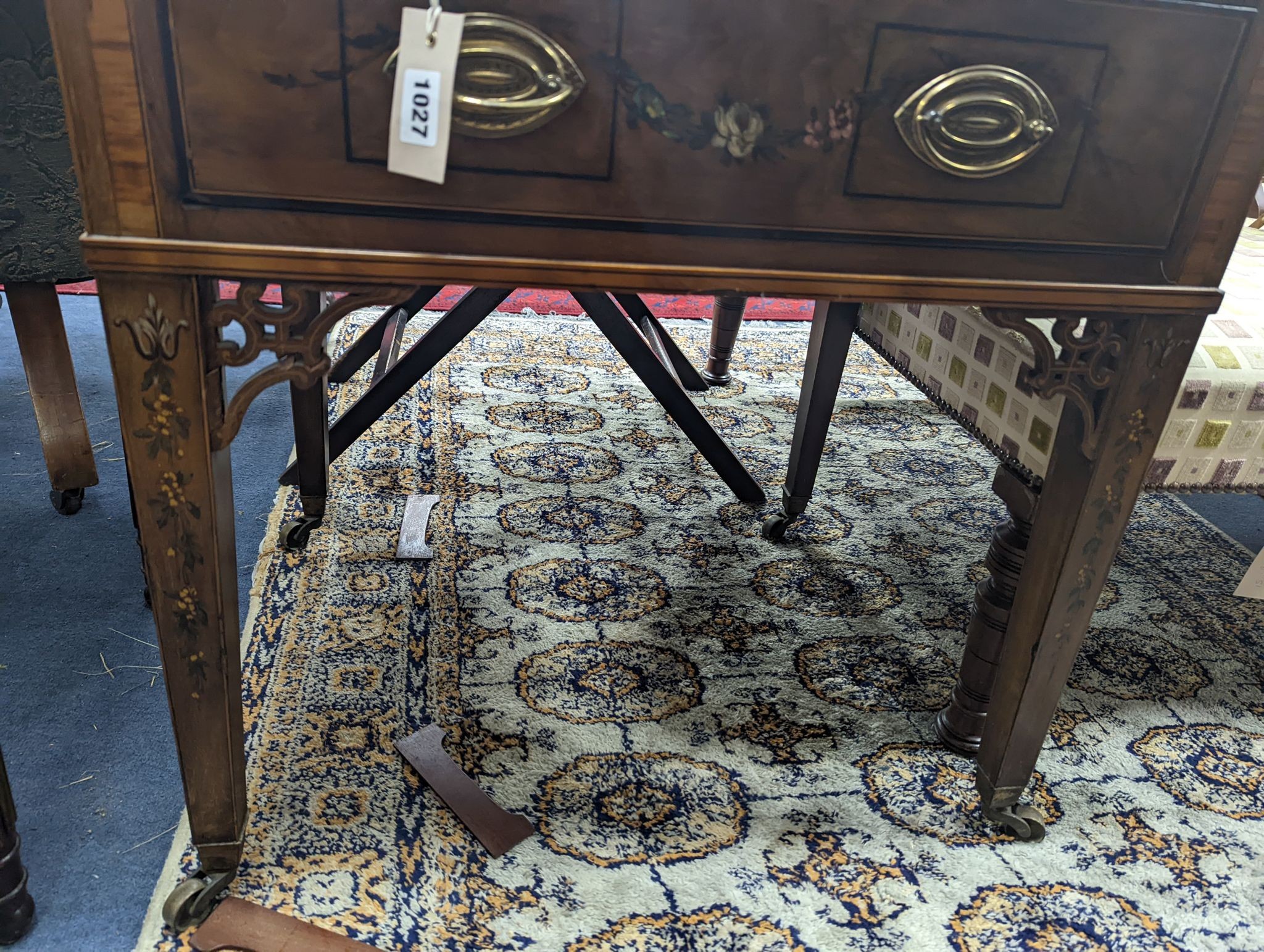 A George III satinwood banded later floral painted mahogany enclosed washstand, width 62cm, depth 51cm, height 78cm